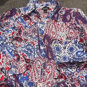 Erika Multicolor Paisley Red White and Blue Button Down Sparkle Shirt Size Large